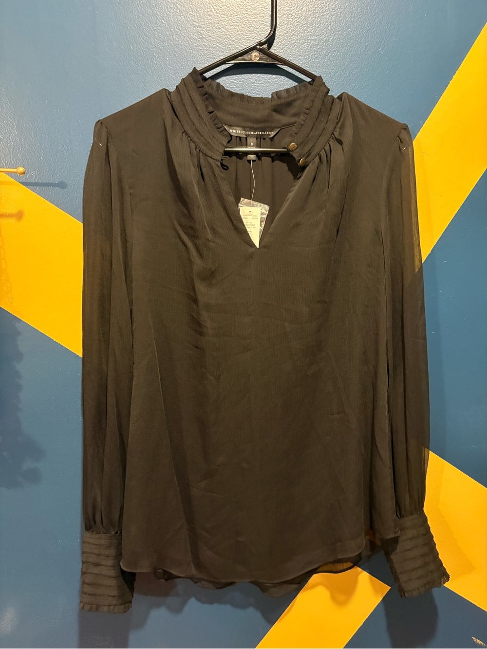 White House Black Market Black Chiffon Long Sleeve Blouse NWT